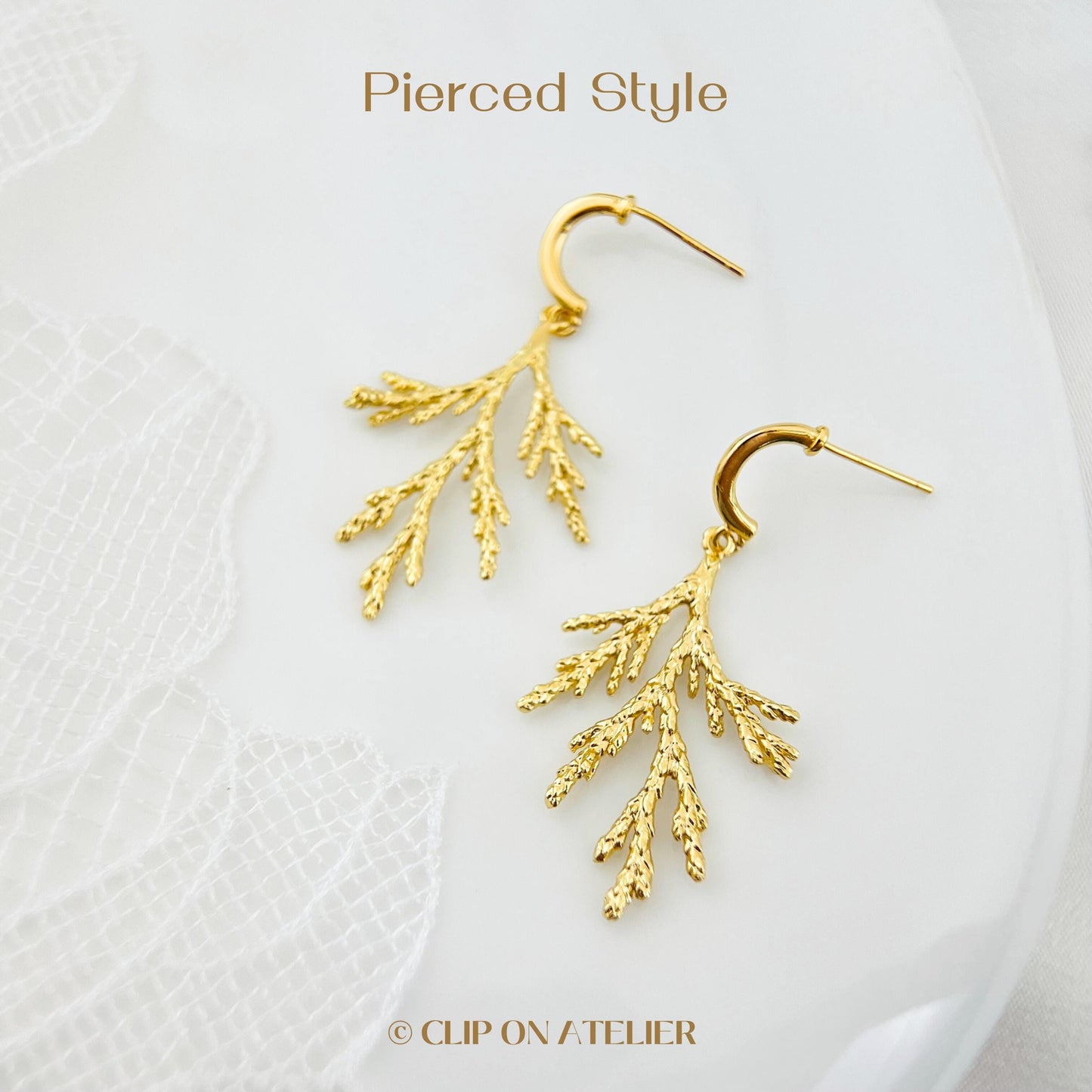 Pine Branch Clip On Earrings Gold Ceder Minimalist Boho Leaf Dainty Drop Dangle Ear Clips, Non Pierced Ears No Piercings, Christmas Gift