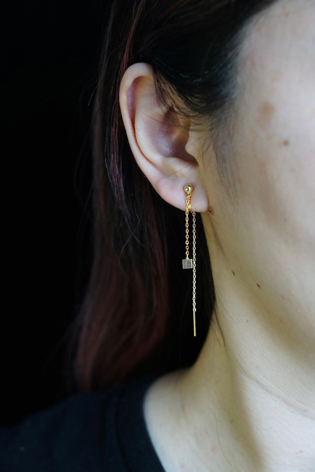 Clip On Earrings Minimalist Gold Long Threader Chain & Cube