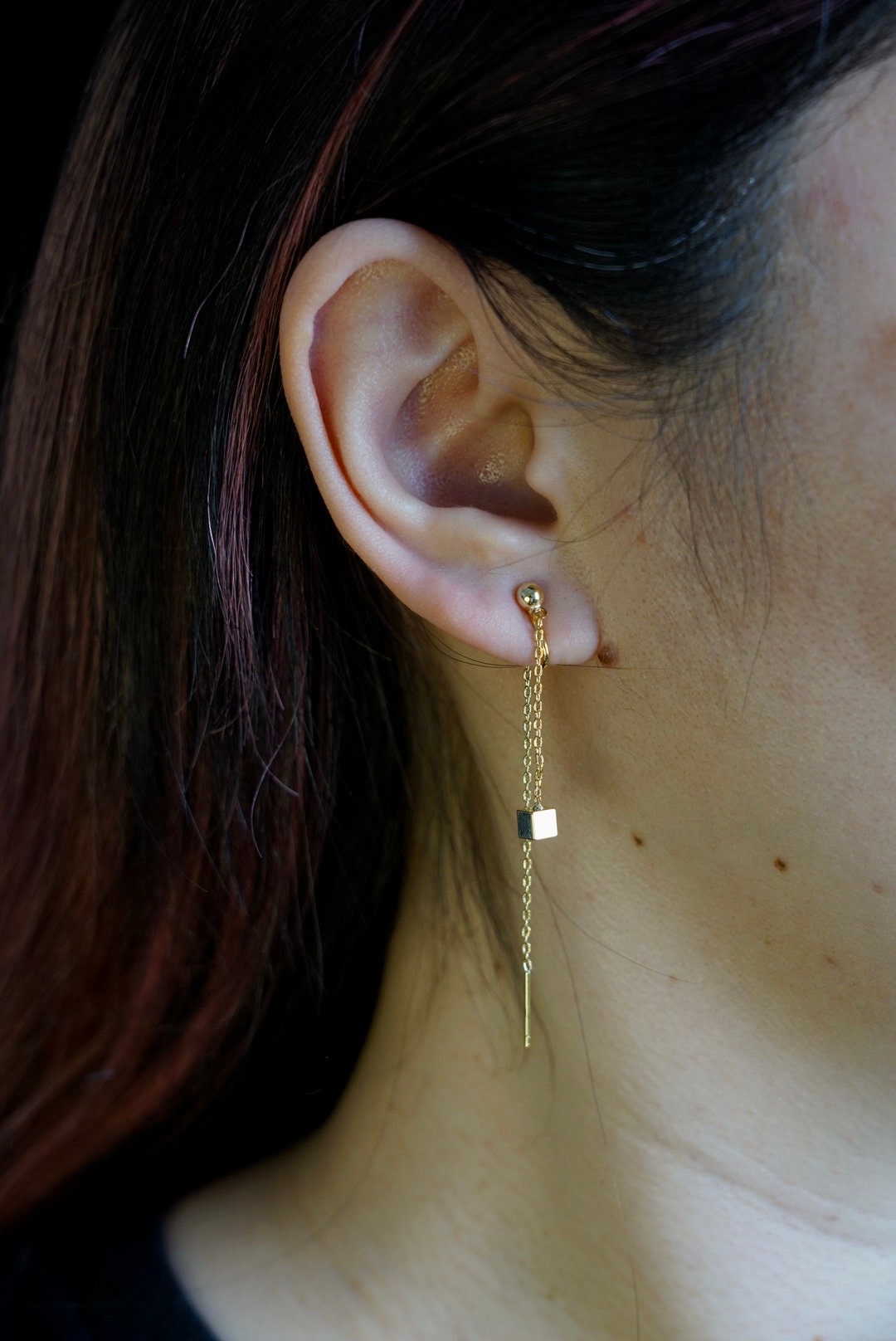 Clip On Earrings Minimalist Gold Long Threader Chain & Cube