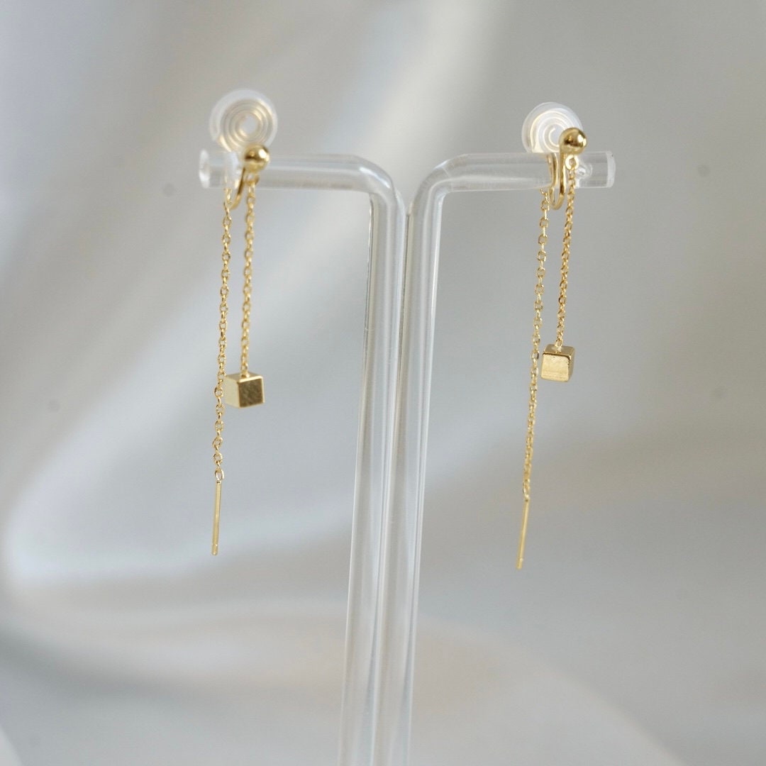 Clip On Earrings Minimalist Gold Long Threader Chain & Cube