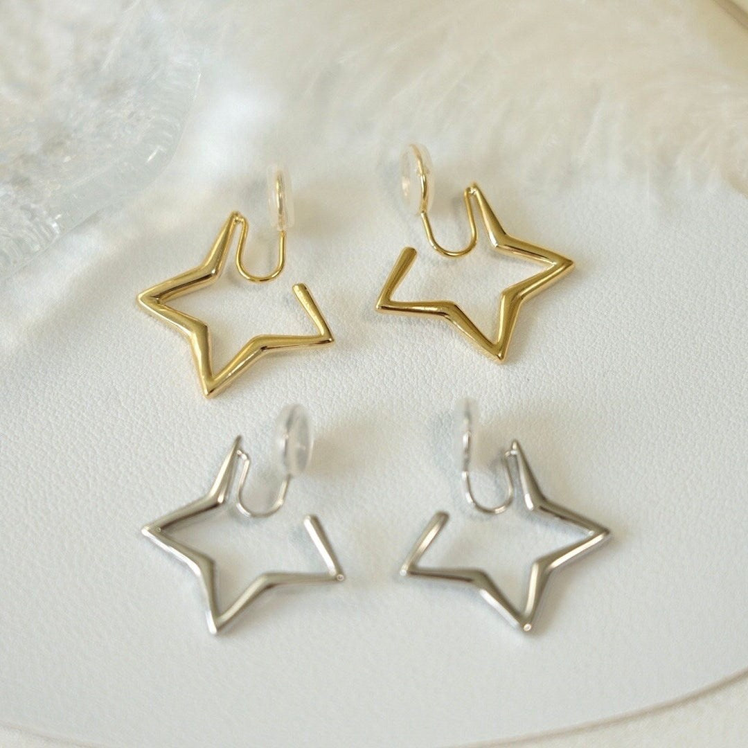 Minimalist Star Clip On Earrings | Sliver Gold