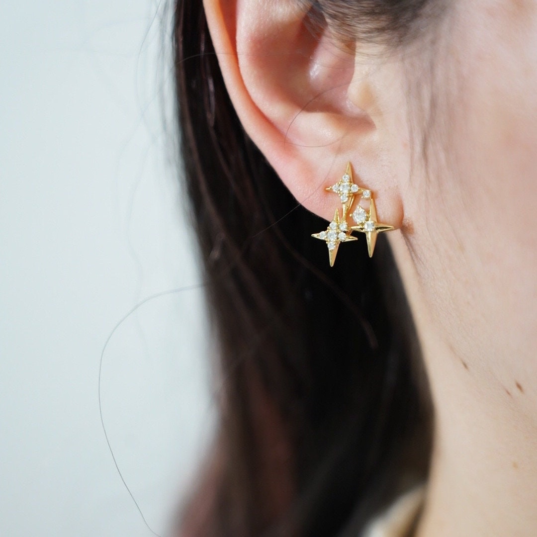 Gold Diamond Stars Dainty Clip On Earrings