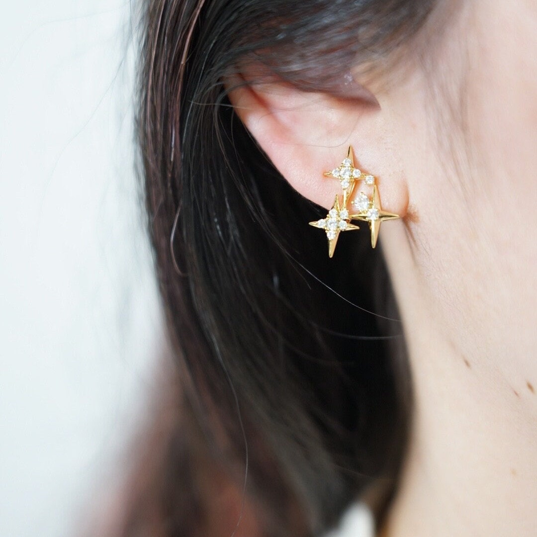 Gold Diamond Stars Dainty Clip On Earrings