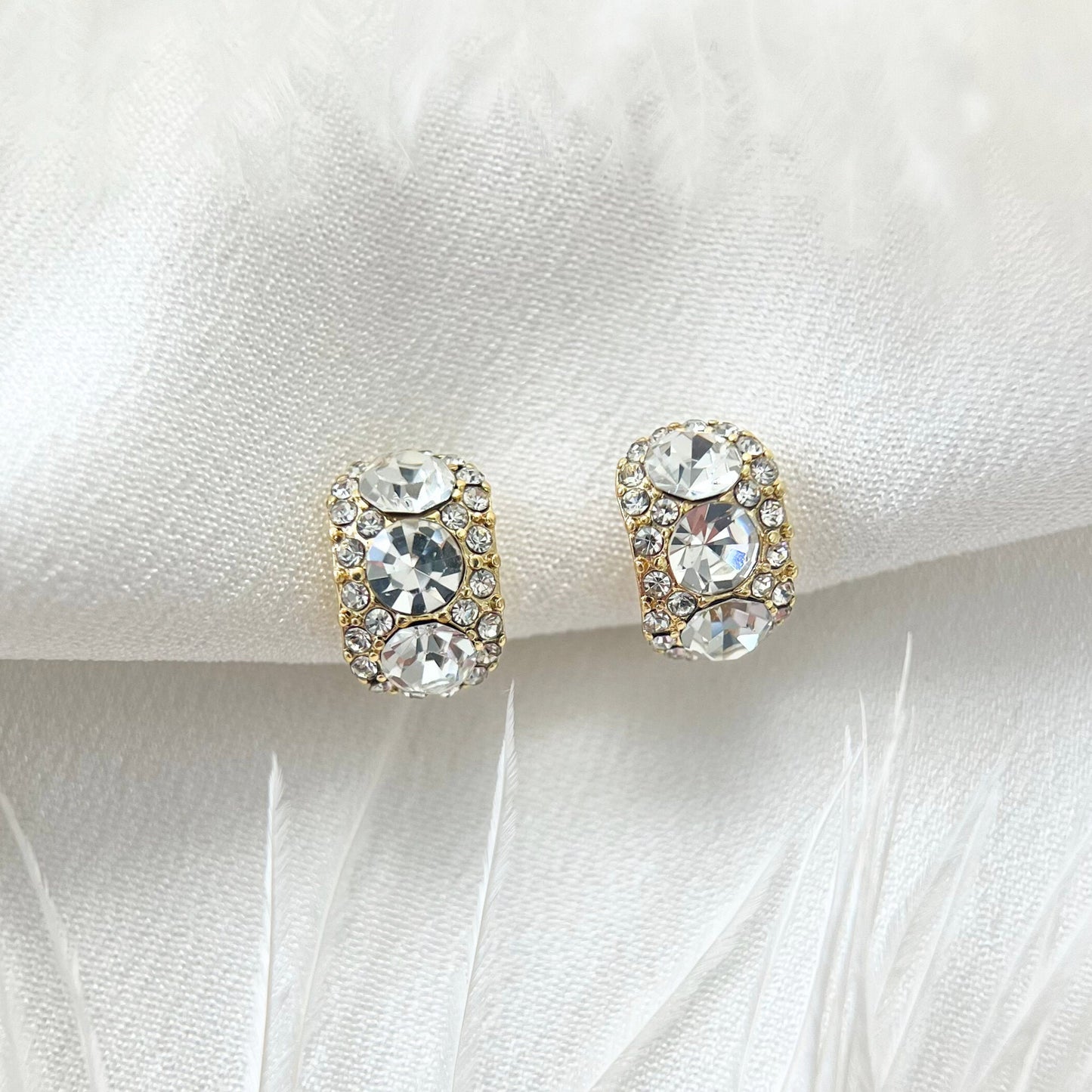 Minimalist Vintage Style Gold Diamond Clip On Earrings, Green & White