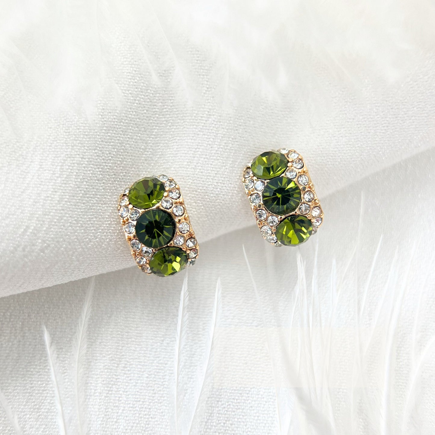 Minimalist Vintage Style Gold Diamond Clip On Earrings, Green & White